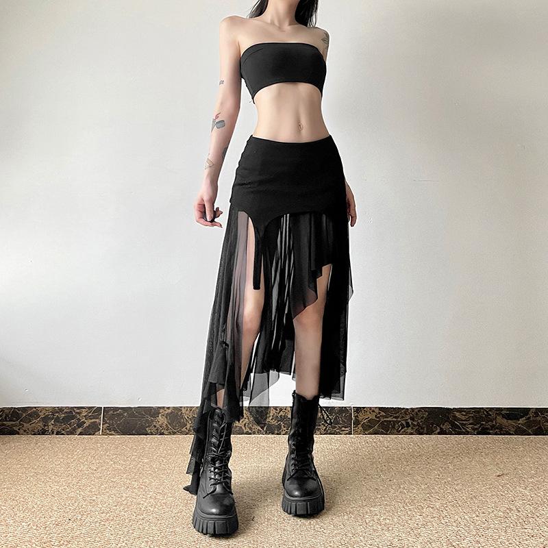 acelimosf™-Mesh patchwork irregular midi skirt