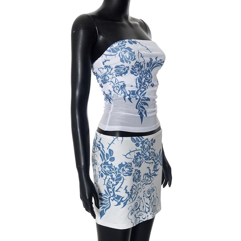 acelimosf™-Mesh flower print tube mini skirt set