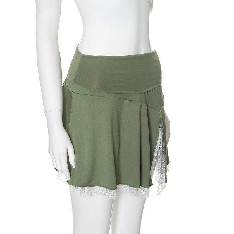 acelimosf™-Lace hem slit A line stitch mini skirt