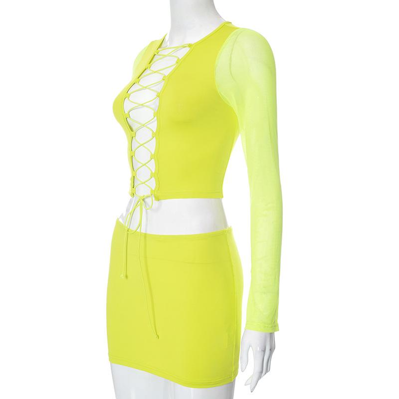 acelimosf™-Long sleeve hollow out lace up mesh mini skirt set