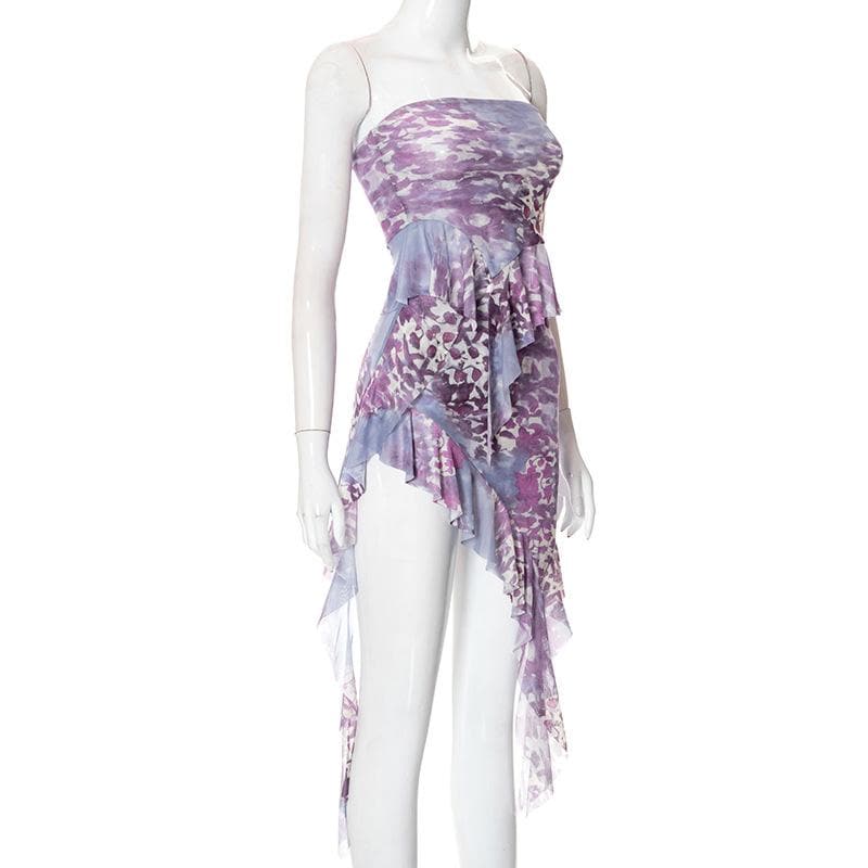 acelimosf™-Pleated ruffle irregular contrast print tube skirt set fairycore Ethereal Fashion