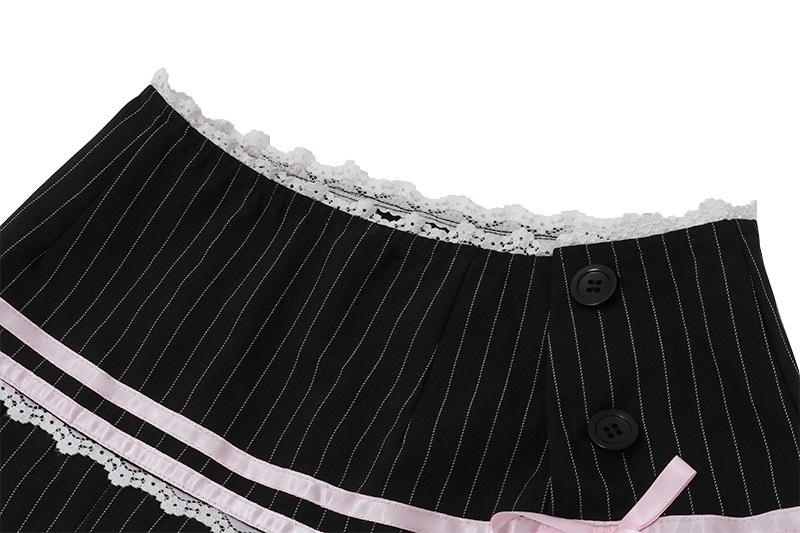 acelimosf™-Pleated striped button lace hem bowknot stitch mini skirt