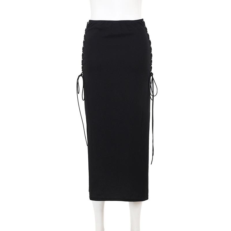 acelimosf™-Cross lace lace up high slit midi skirt