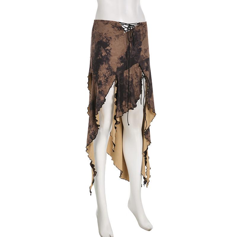 acelimosf™-Tie dye irregular self tie slit contrast lace up low rise midi skirt grunge 90s Streetwear Disheveled Chic Fashion grunge 90s Streetwear Distressed Fashion