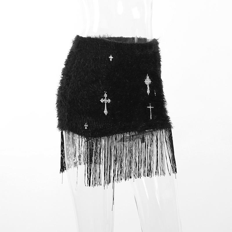 acelimosf™-Tassels cross applique fluffy mini skirt goth Emo Darkwave Fashion