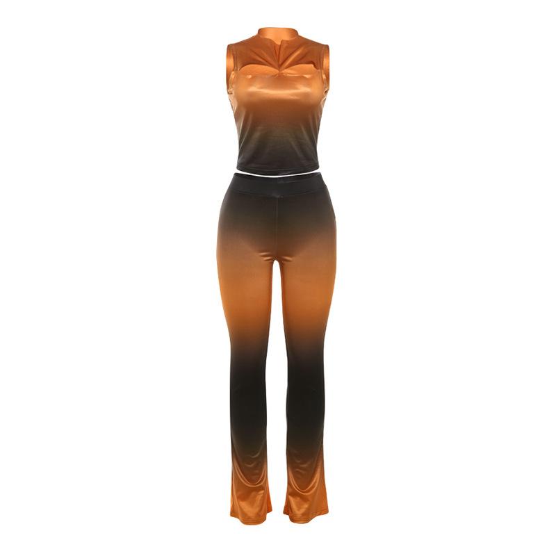 acelimosf™-Sleeveless gradient crewneck ruched hollow out pant set