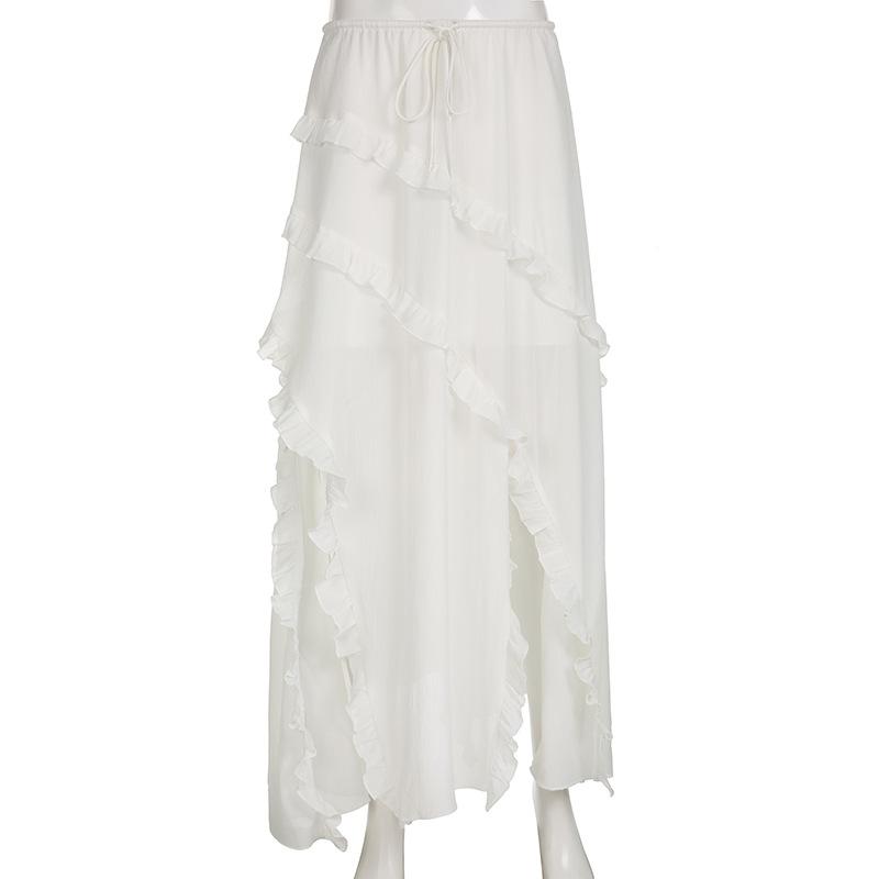 acelimosf™-Drawstring ruffle slit irregular solid maxi skirt y2k 90s Revival Techno Fashion