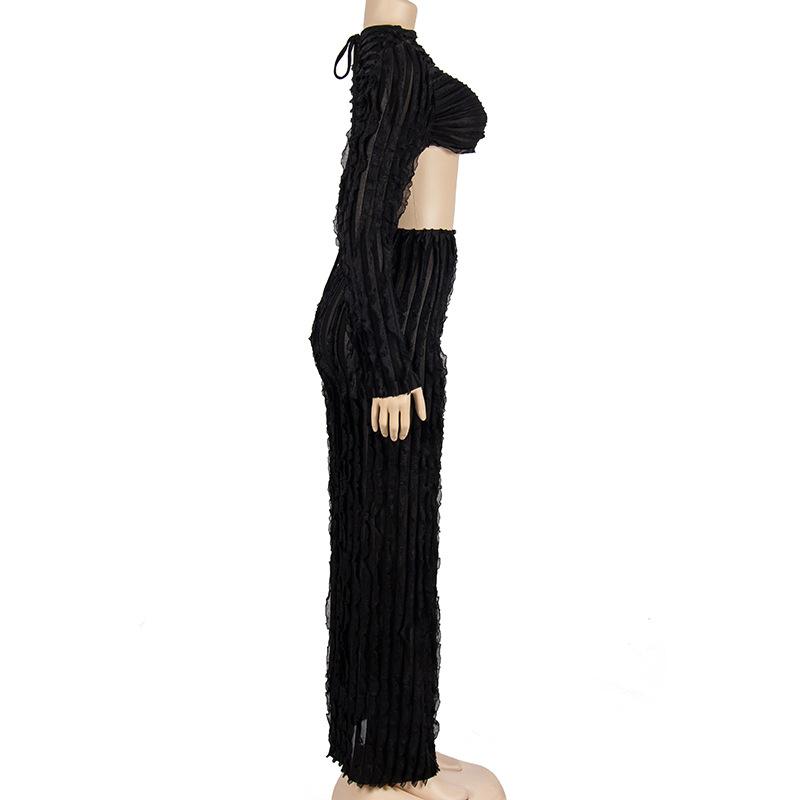 acelimosf™-Textured self tie solid backless ruffle maxi skirt set