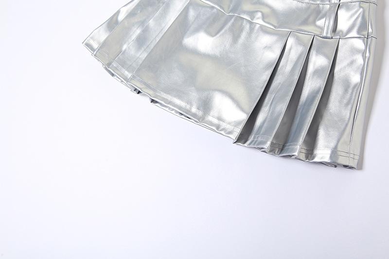 acelimosf™-Zip-up metallic pleated medium rise solid mini skirt y2k 90s Revival Techno Fashion