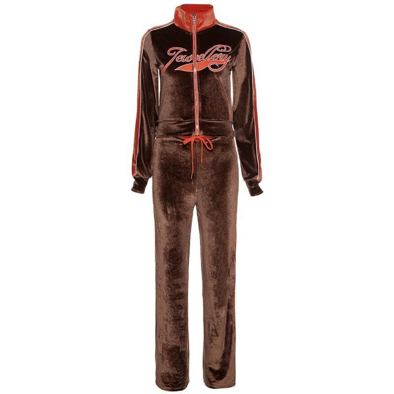 acelimosf™-Zip-up letter embroidered high neck pant set y2k 90s Revival Techno Fashion
