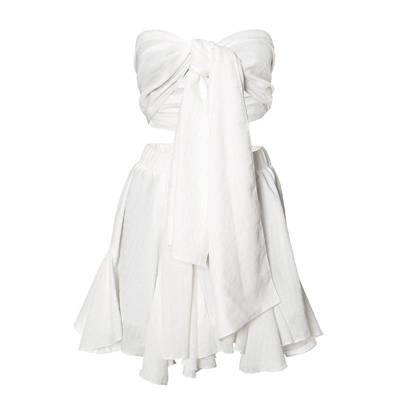 acelimosf™-Ruffle textured bowknot tube mini skirt set