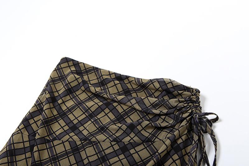 acelimosf™-Plaid ruched drawstring mesh irregular midi skirt