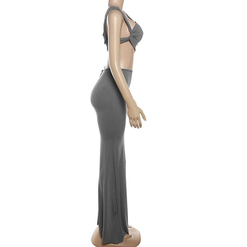 acelimosf™-Ruched irregular solid crop maxi skirt set