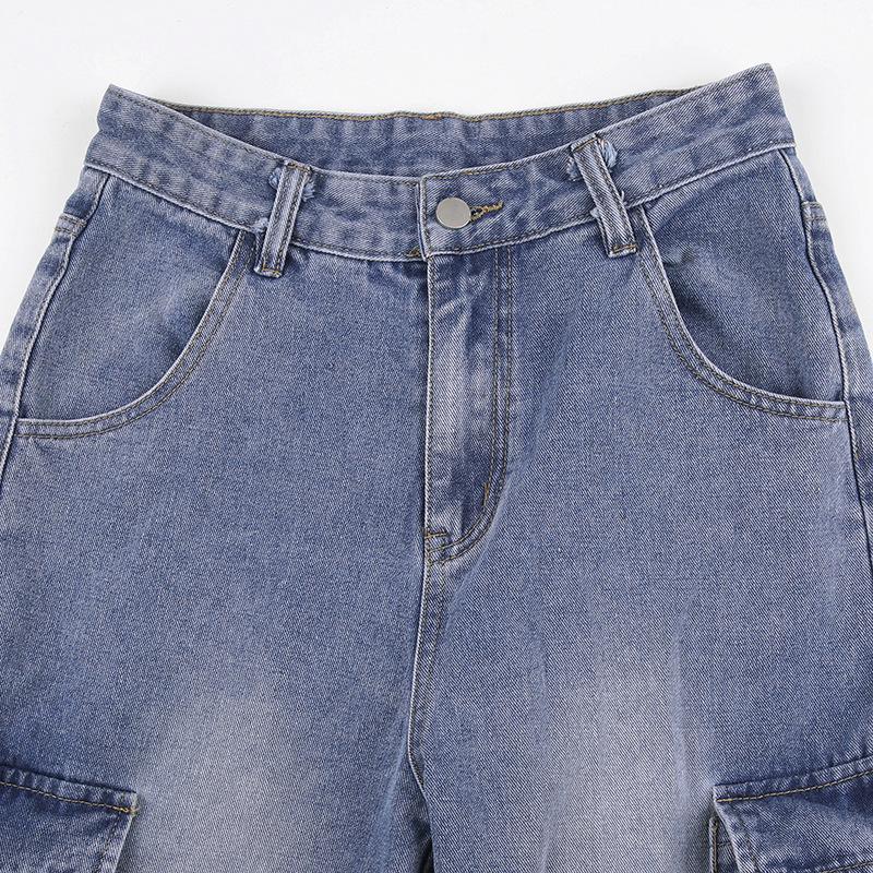 acelimosf™-Cargo pocket button high rise straight leg jeans grunge 90s Streetwear Disheveled Chic Fashion grunge 90s Streetwear Distressed Fashion