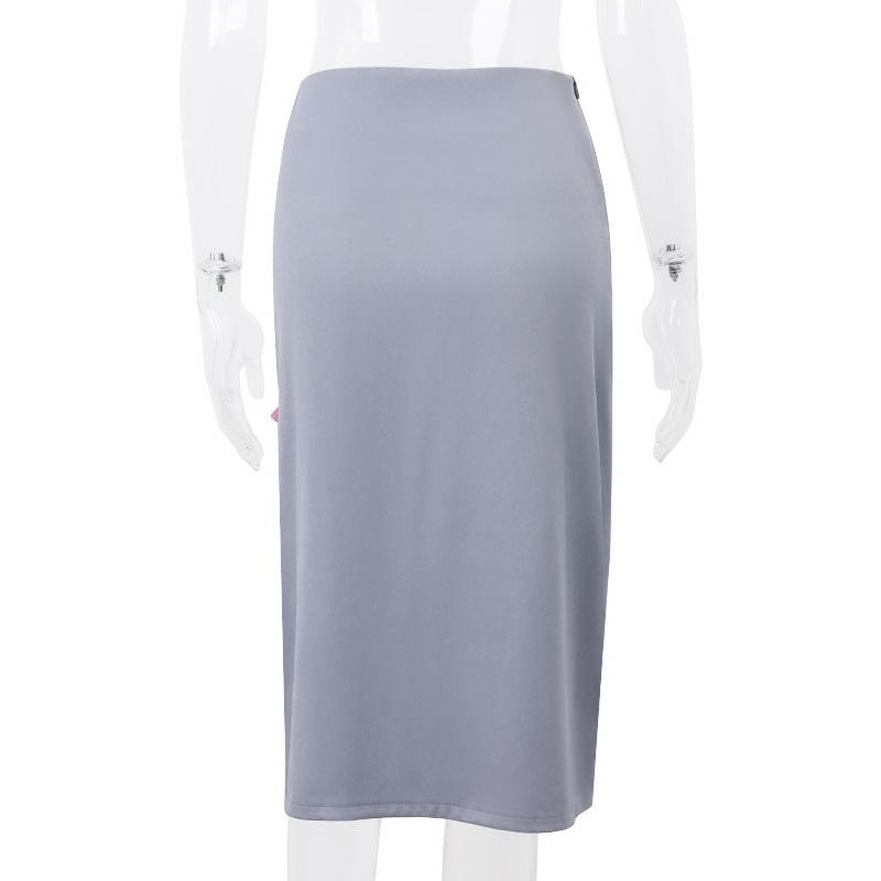 acelimosf™-Bowknot slit lace hem denim zip-up hollow out irregular midi skirt