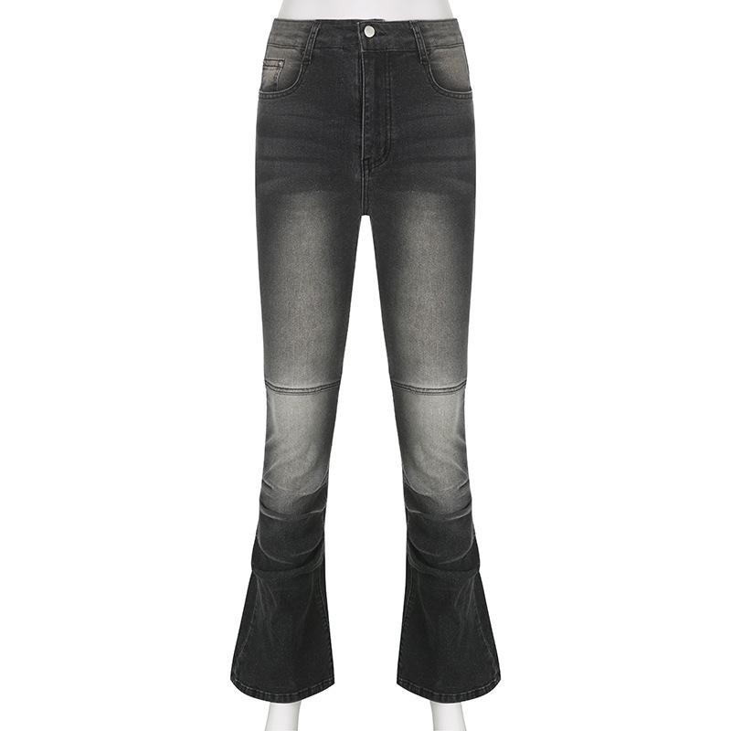 acelimosf™-Gradient ruched flared leg button medium rise jeans