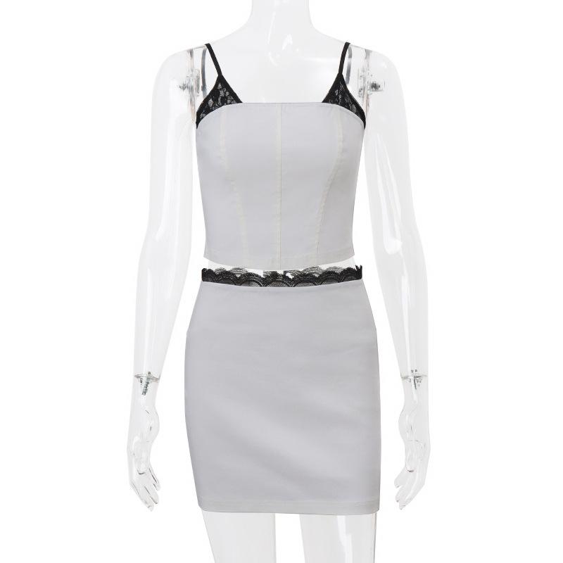 acelimosf™-Square neck lace patchwork zip-up backless contrast mini skirt set