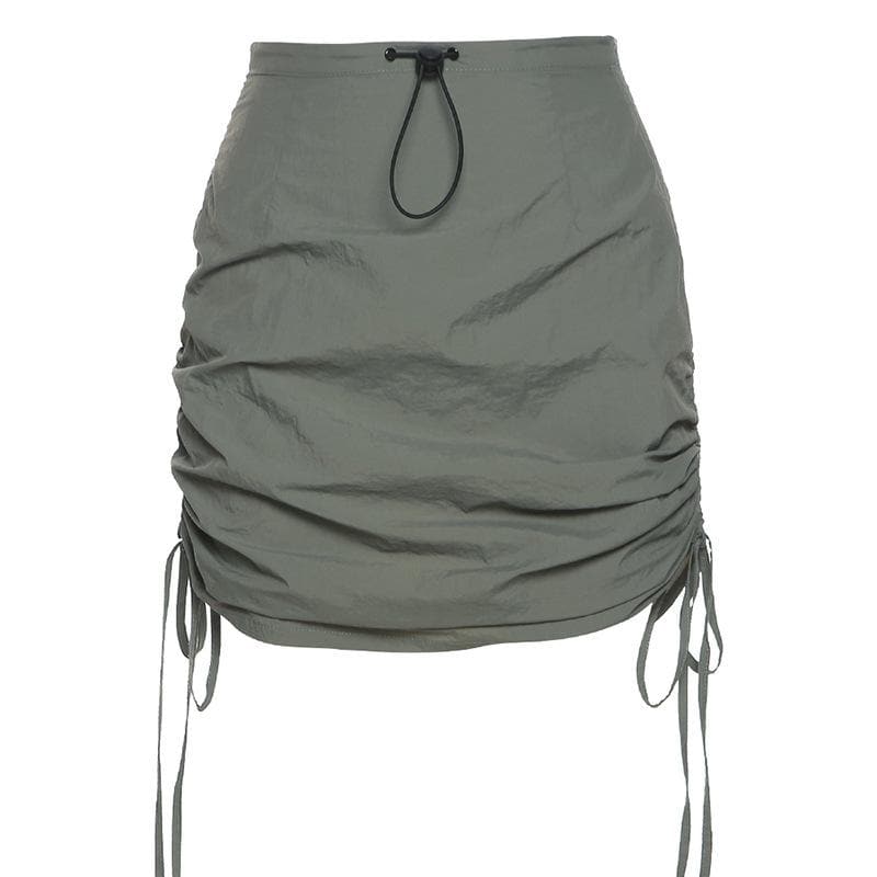 acelimosf™-A line drawstring ruched solid zip-up mini skirt grunge 90s Streetwear Disheveled Chic Fashion grunge 90s Streetwear Distressed Fashion