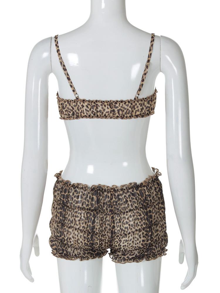 acelimosf™-Leopard print ruffle ruched crop chiffon cami pant set