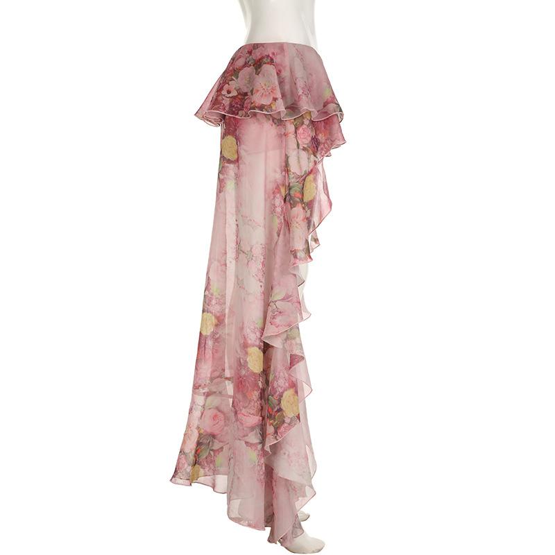 acelimosf™-Chiffon flower print ruffle maxi skirt