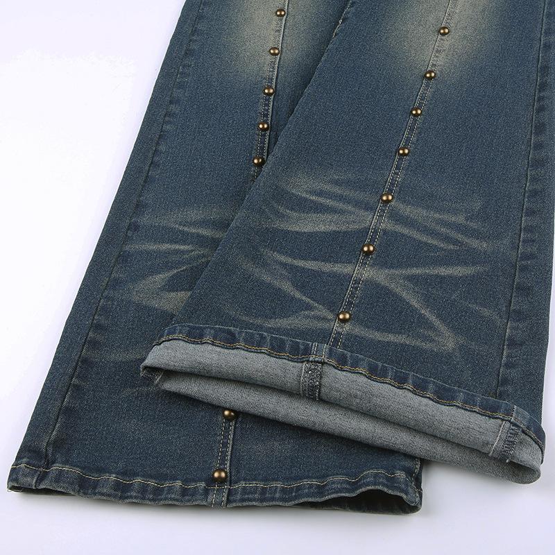 acelimosf™-High rise beaded contrast flared jeans grunge 90s Streetwear Disheveled Chic Fashion grunge 90s Streetwear Distressed Fashion