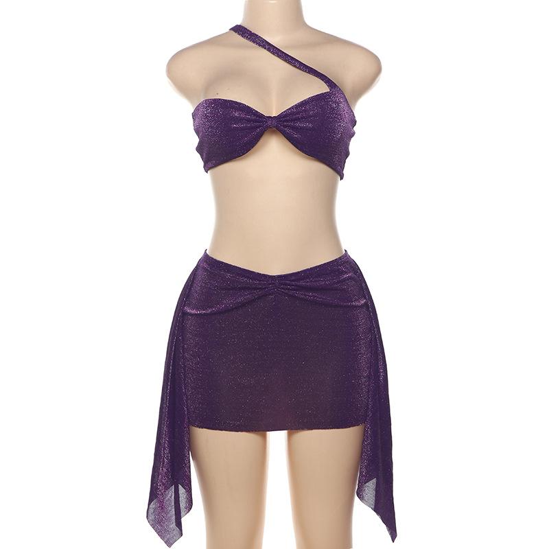 acelimosf™-One shoulder irregular knotted ruched backless mini skirt set
