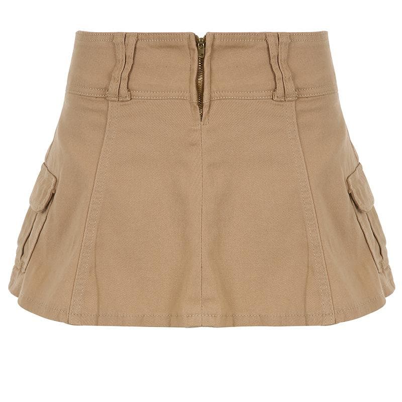 acelimosf™-A line zip-up cargo pocket solid medium rise denim midi skirt y2k 90s Revival Techno Fashion