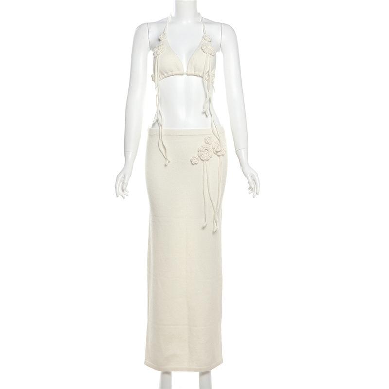 acelimosf™-Halter self tie flower applique slit backless mini skirt set
