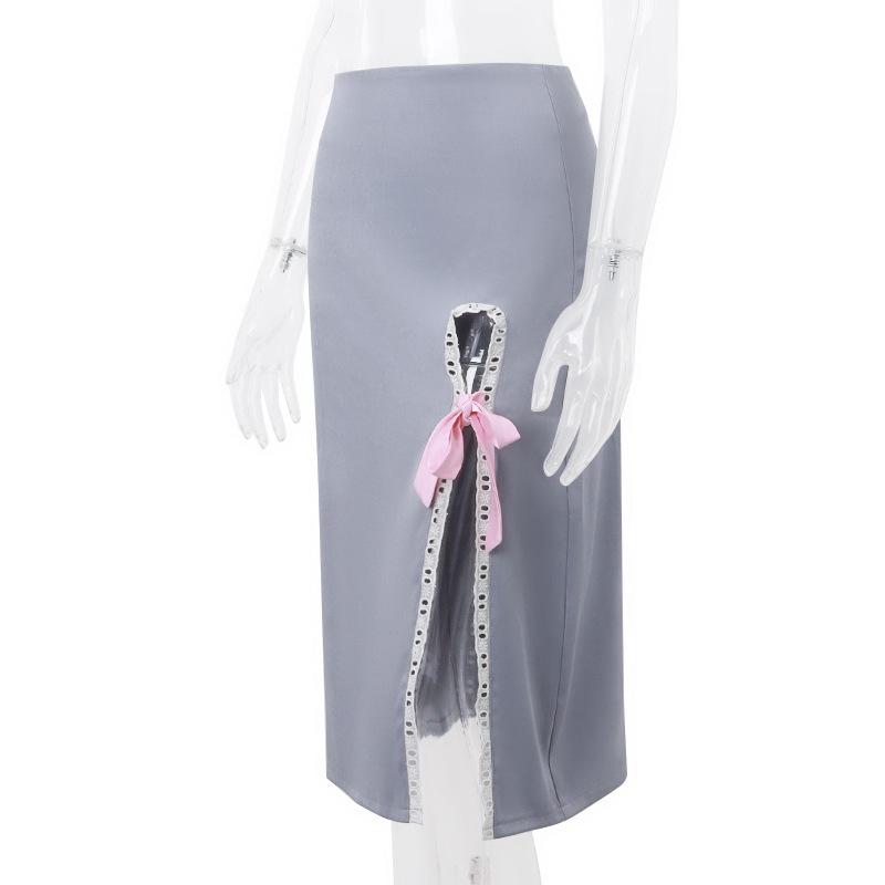acelimosf™-Bowknot slit lace hem denim zip-up hollow out irregular midi skirt