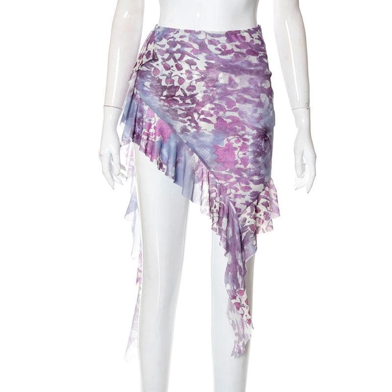 acelimosf™-Pleated ruffle irregular contrast print tube skirt set fairycore Ethereal Fashion