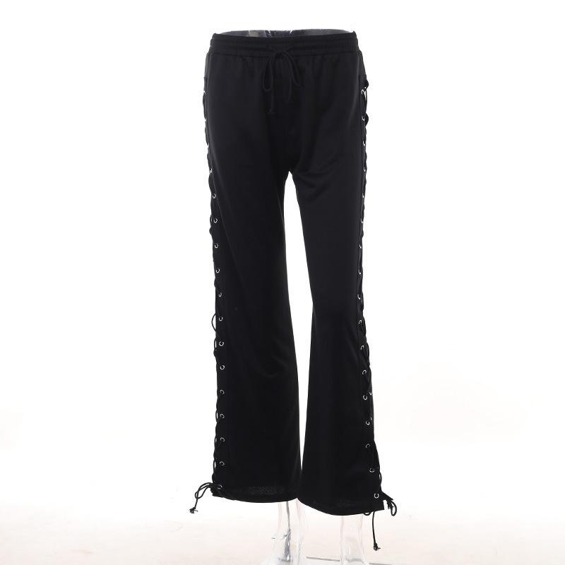 acelimosf™-Lace up solid hollow out medium rise pant goth Emo Darkwave Fashion