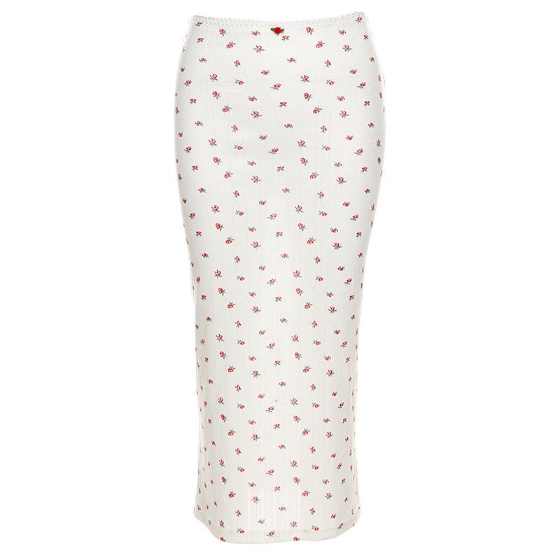 acelimosf™-Flower print u neck sleeveless low rise lace hem midi skirt set