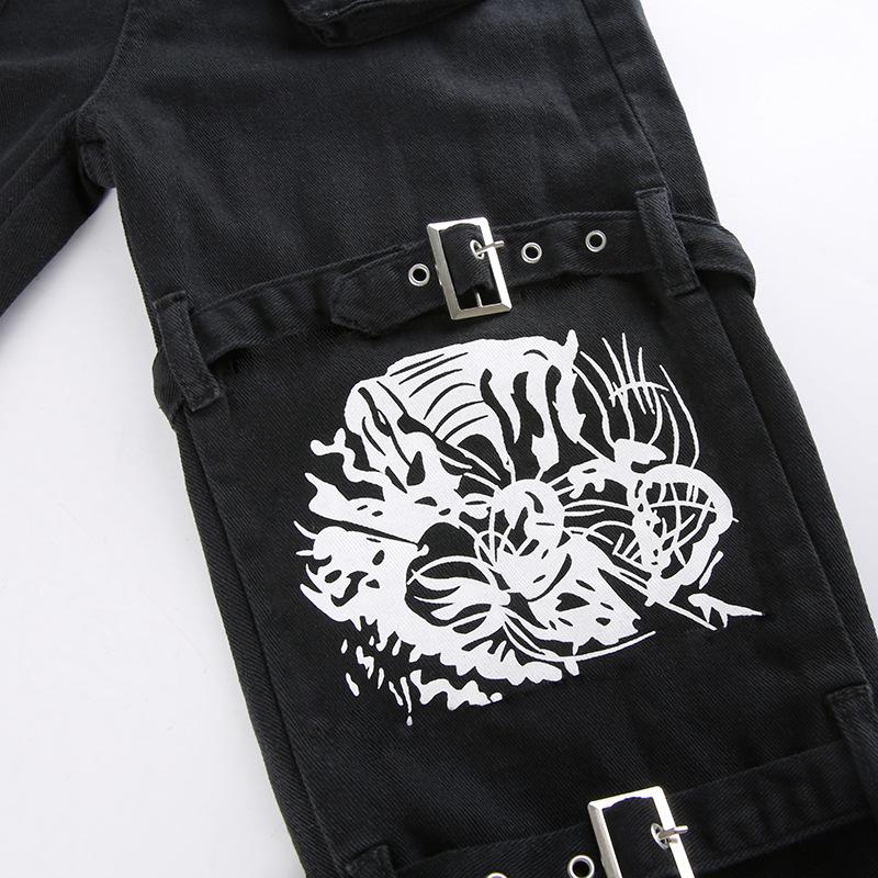 acelimosf™-Button contrast abstract pattern cargo pocket high rise jeans goth Alternative Darkwave Fashion goth Emo Darkwave Fashion
