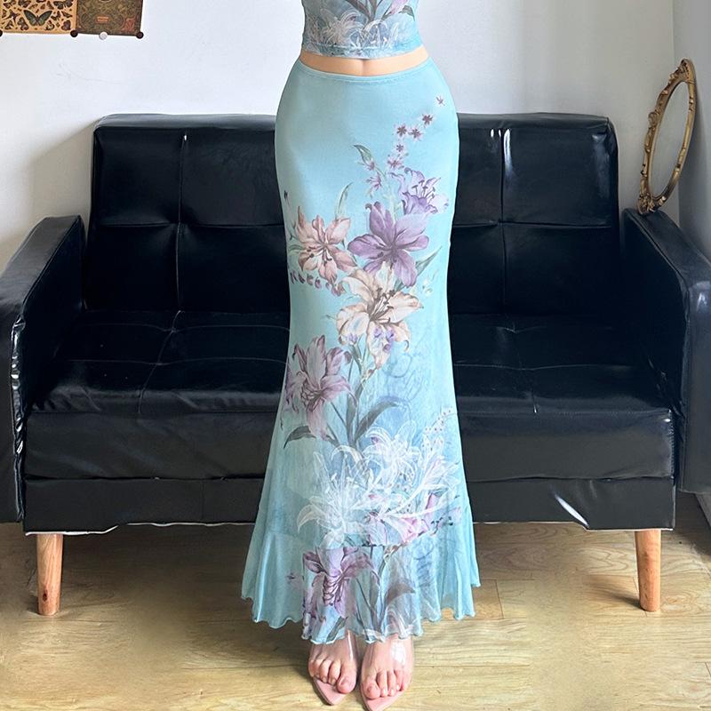 acelimosf™-Ruched ruffle cowl neck flower print mesh maxi skirt set