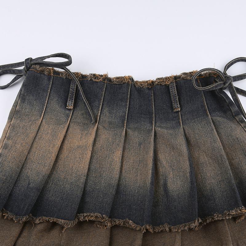acelimosf™-Raw hem pleated contrast self tie denim mini skirt grunge 90s Streetwear Disheveled Chic Fashion grunge 90s Streetwear Distressed Fashion