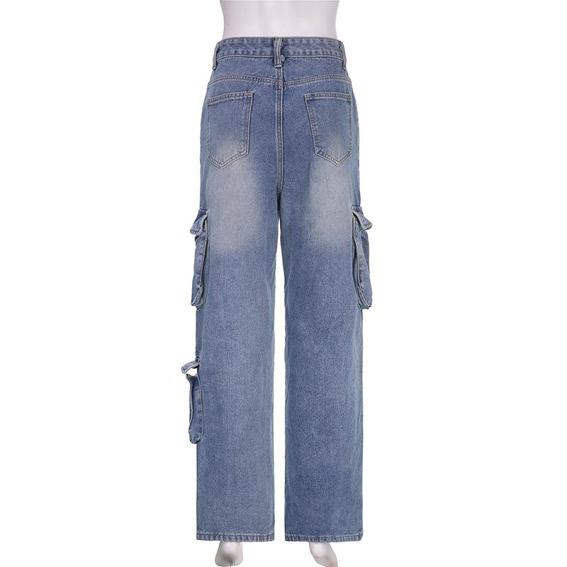 acelimosf™-Cargo pocket button high rise straight leg jeans grunge 90s Streetwear Disheveled Chic Fashion grunge 90s Streetwear Distressed Fashion