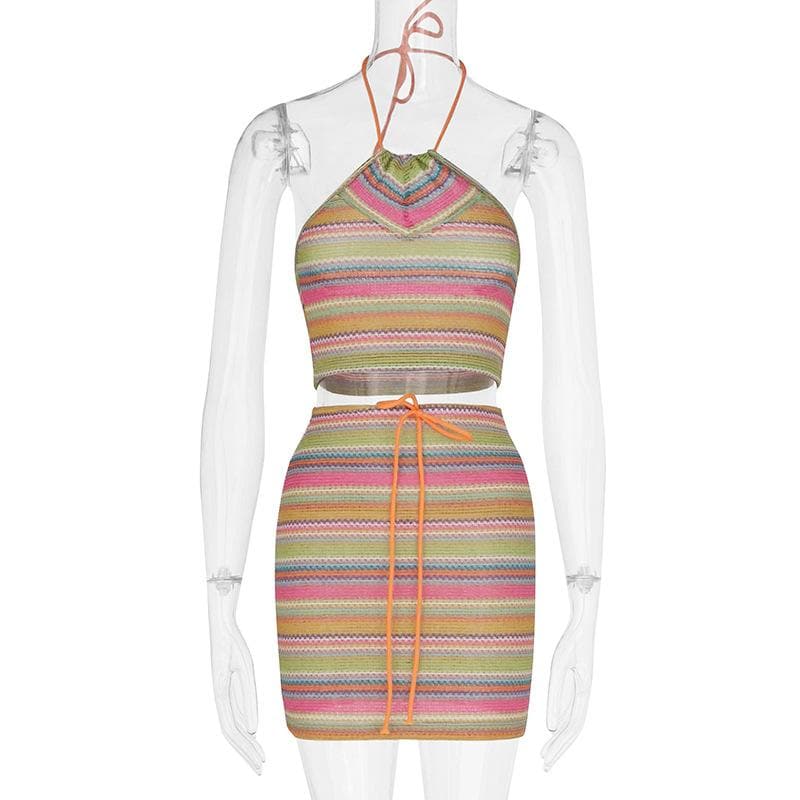 acelimosf™-Knitted contrast striped drawstring halter backless skirt set