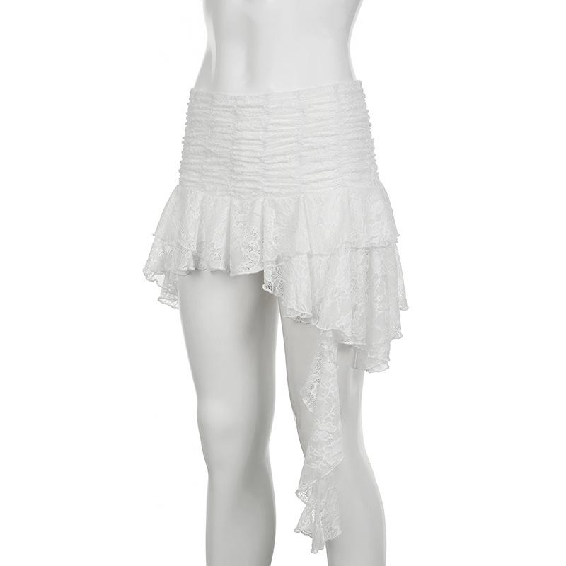 acelimosf™-Ruched lace patchwork ruffle irregular mini skirt