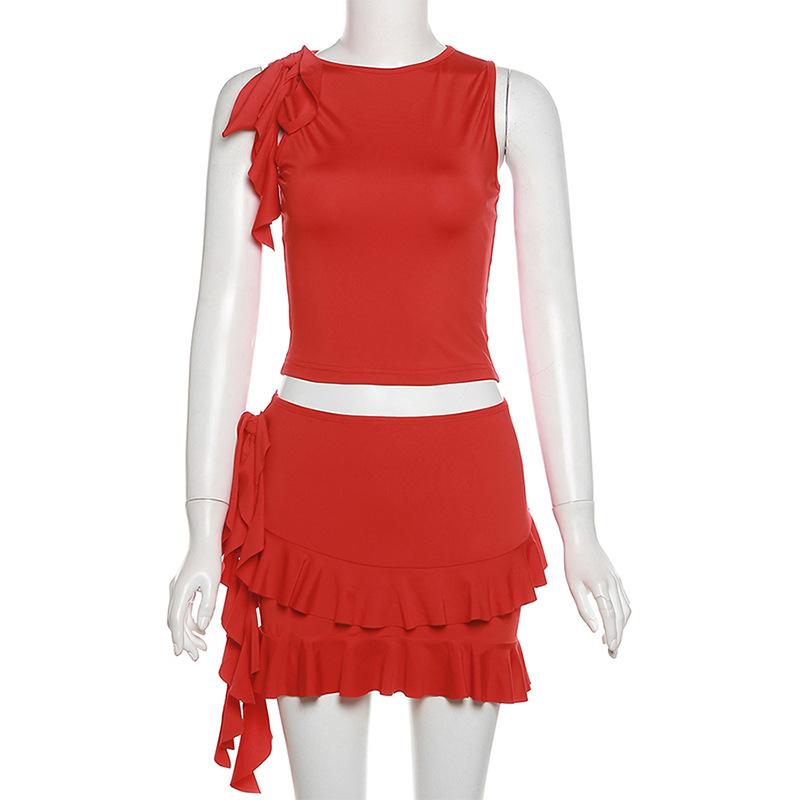 acelimosf™-Crewneck ruffle solid self tie mini skirt set