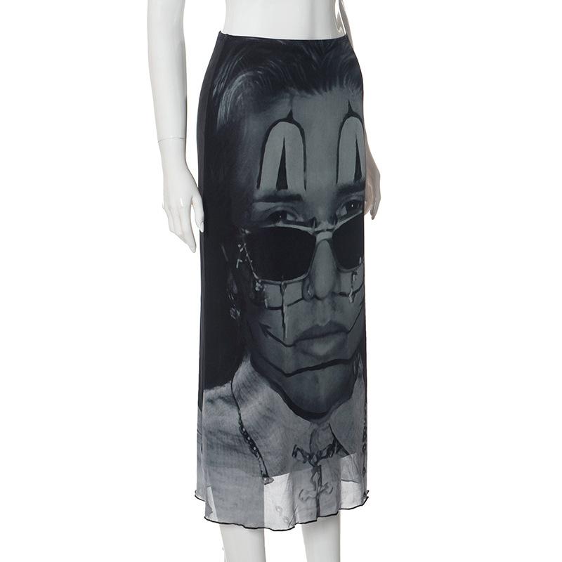 acelimosf™-Abstract contrast print low rise mesh ruffle midi skirt