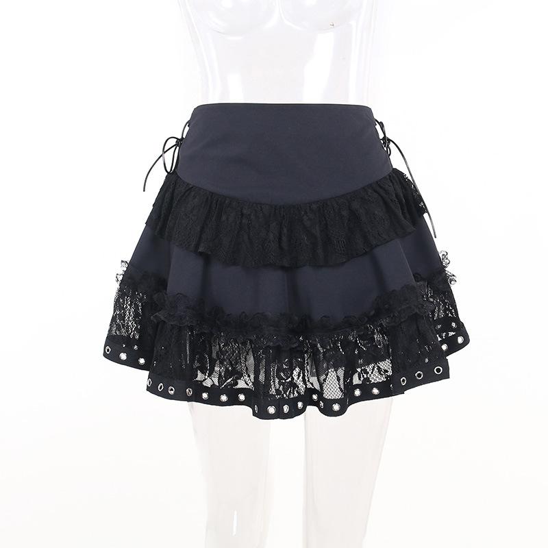 acelimosf™-Zip-up lace up patchwork lace ruffle mini skirt goth Alternative Darkwave Fashion goth Emo Darkwave Fashion