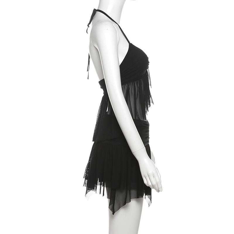 acelimosf™-Halter ruffle mesh v neck ruched mini skirt set