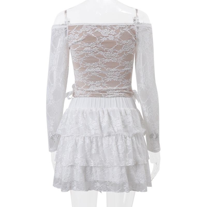 acelimosf™-Long sleeve off shoulder bowknot ribbon lace up ruched mini skirt set