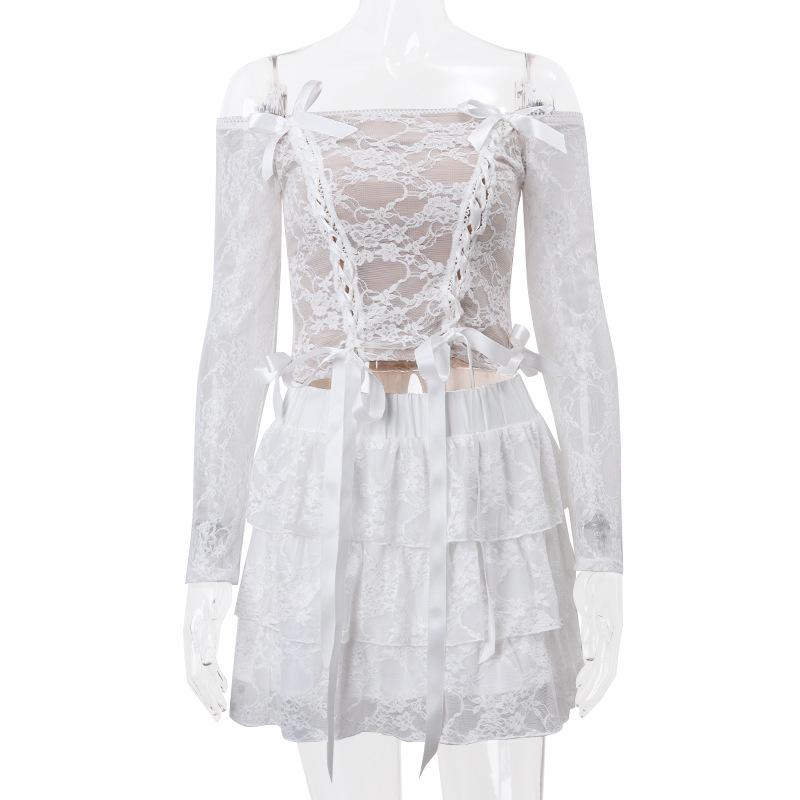 acelimosf™-Long sleeve off shoulder bowknot ribbon lace up ruched mini skirt set