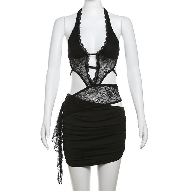 acelimosf™-Halter deep v neck patchwork lace ruffle mini skirt set