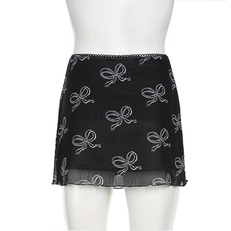 acelimosf™-Bowknot print mesh mini skirt