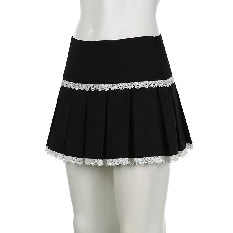 acelimosf™-Lace hem pleated zip-up mini skirt