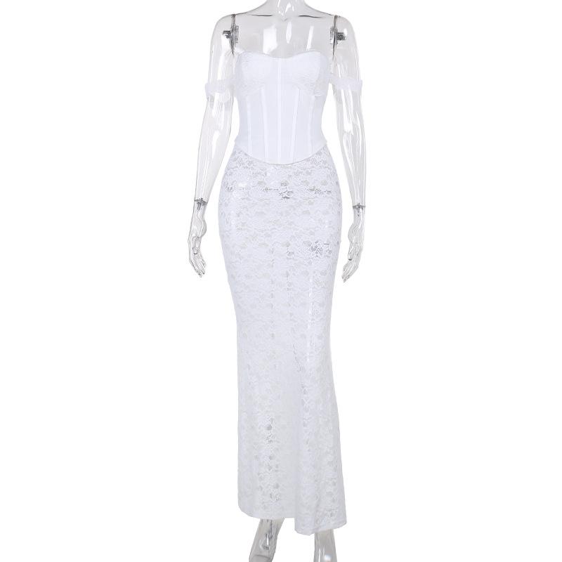 acelimosf™-Off shoulder bustier lace see through lace up maxi skirt set