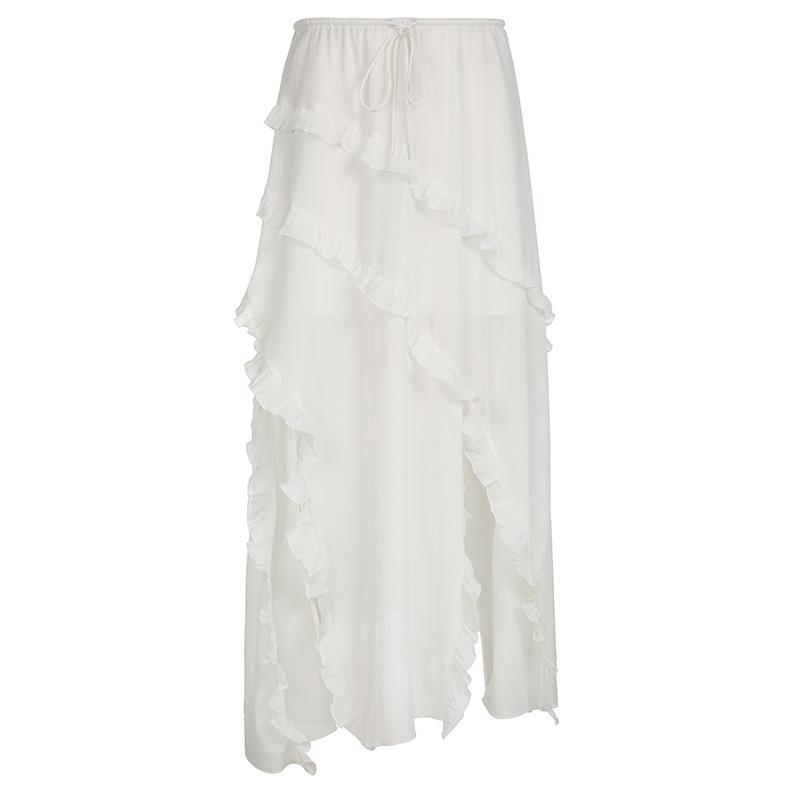 acelimosf™-Drawstring ruffle slit irregular solid maxi skirt y2k 90s Revival Techno Fashion