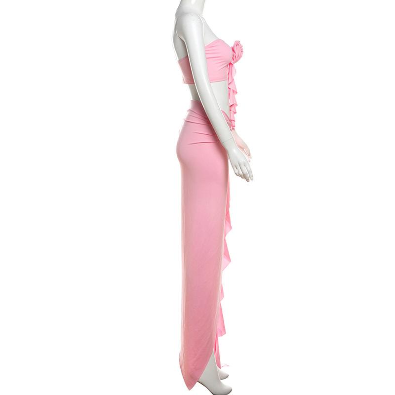 acelimosf™-Flower applique high slit ruffle maxi skirt set